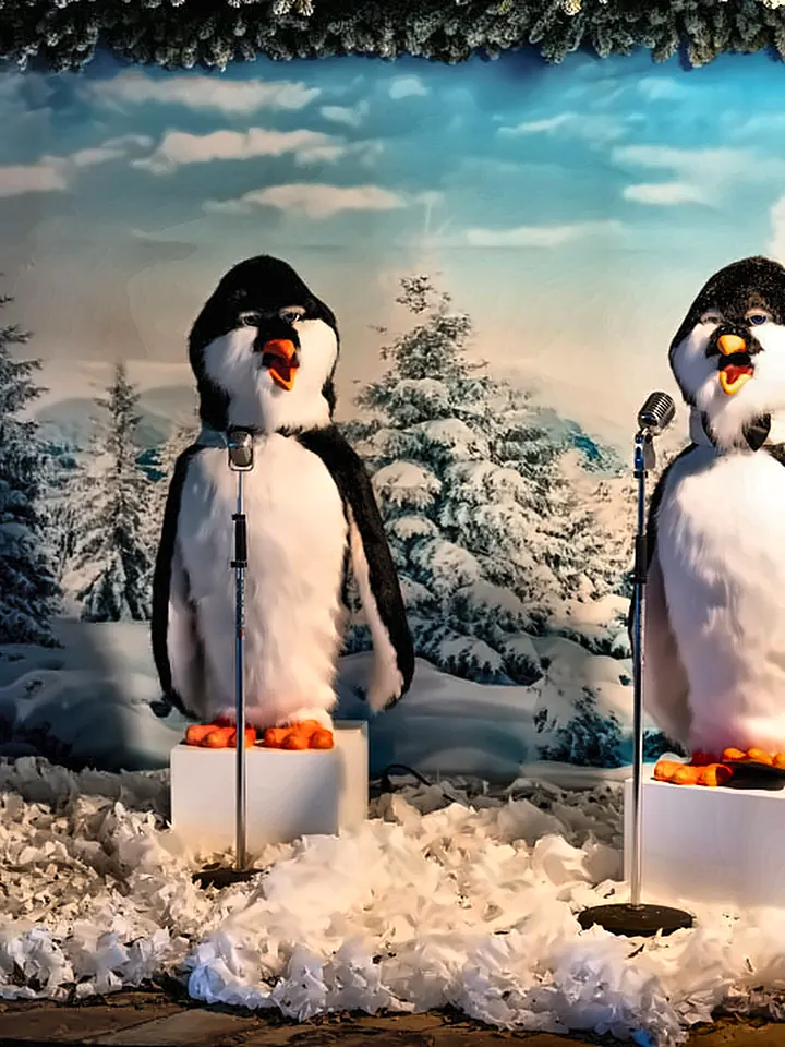 Penguins in a snowy winter scene
