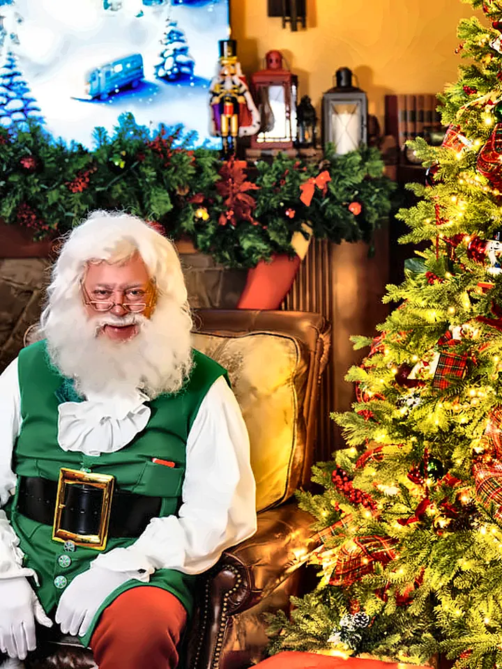 Santa in his cozy living room beside the tree